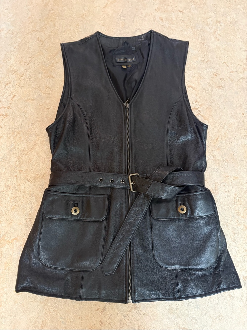 Otello Pelle Women's Black Leather Belted Vest